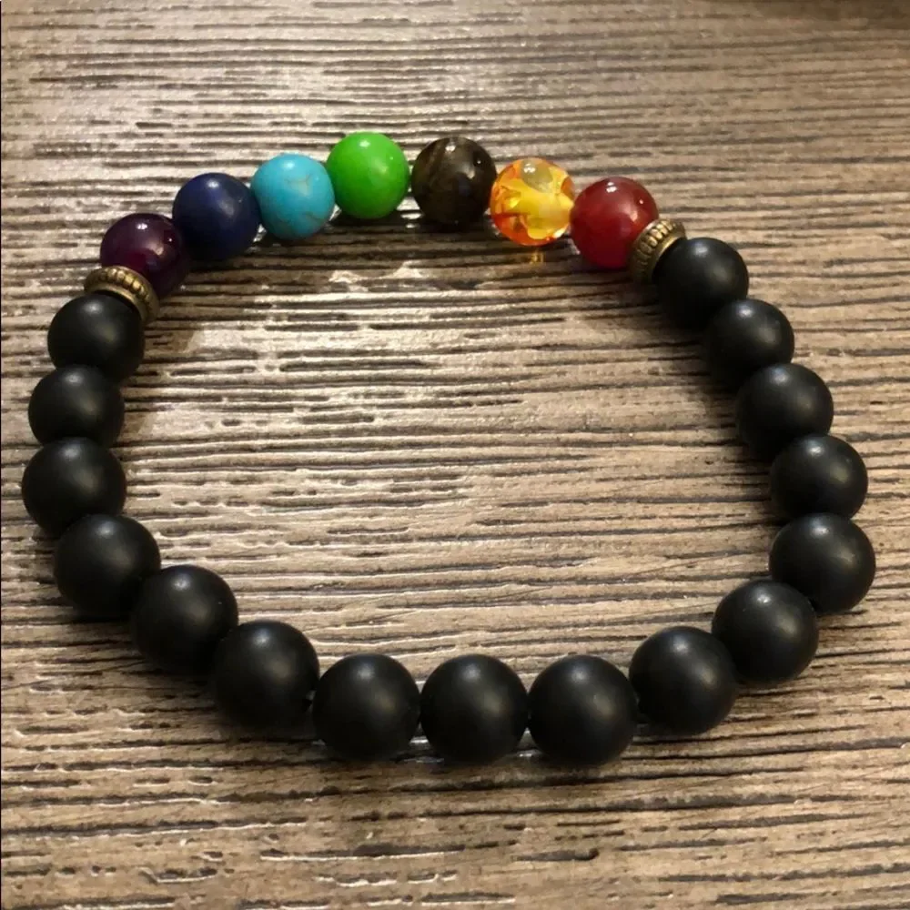 Chakra & Black Bead Rainbow Stretch Bracelet